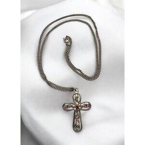 Vintage Silver Tone Cross Pendant Necklace OPenwork AB Rhinestones Religious